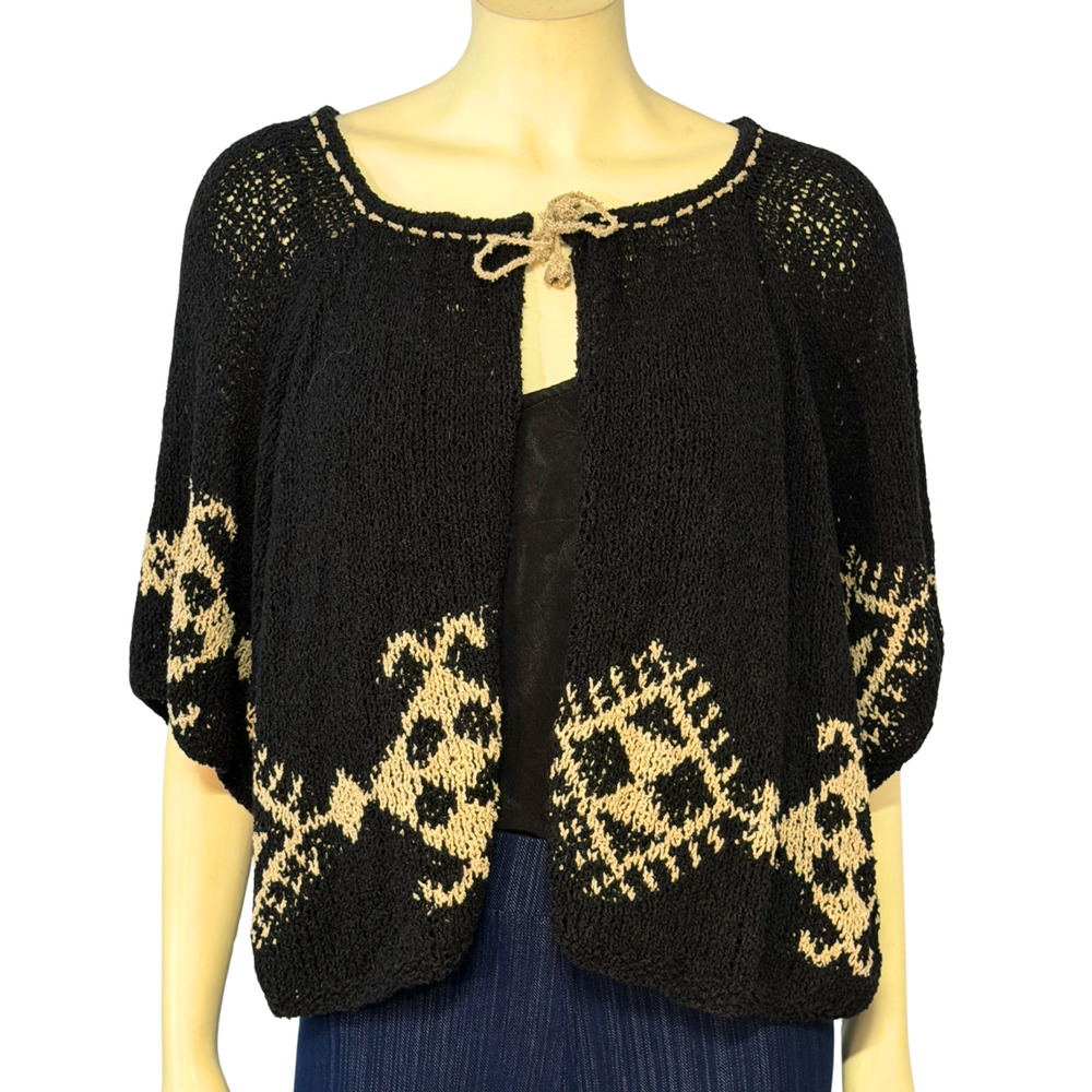 Amano One Size Folk Style Tie-Front Cardigan Black Open Knit Made in Bolivia New - Picture 2 of 10